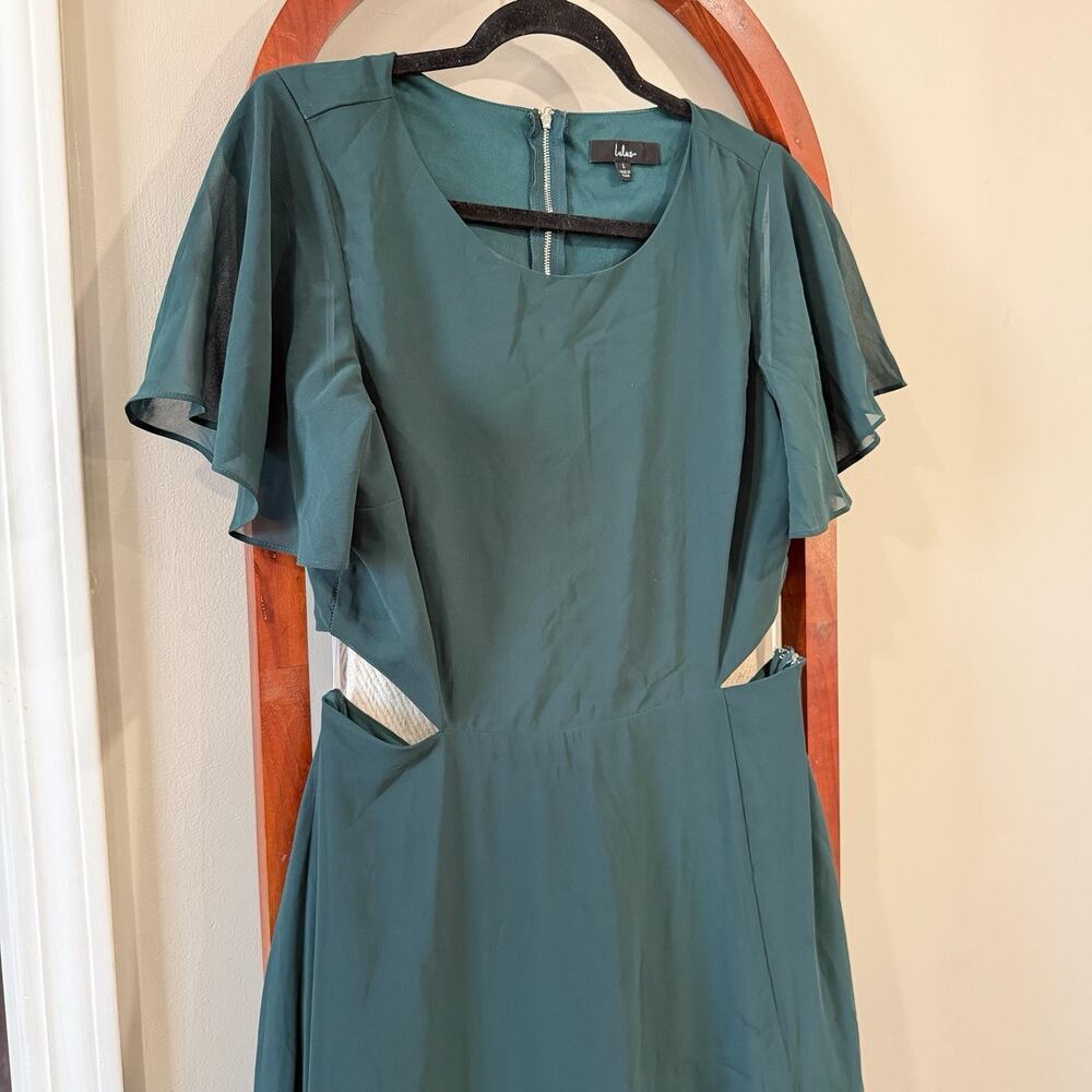 Lulus Green Maxi Dress‎ L Flutter Sleeve Cutout Formal Wedding Guest Long Dress - Picture 4 of 7